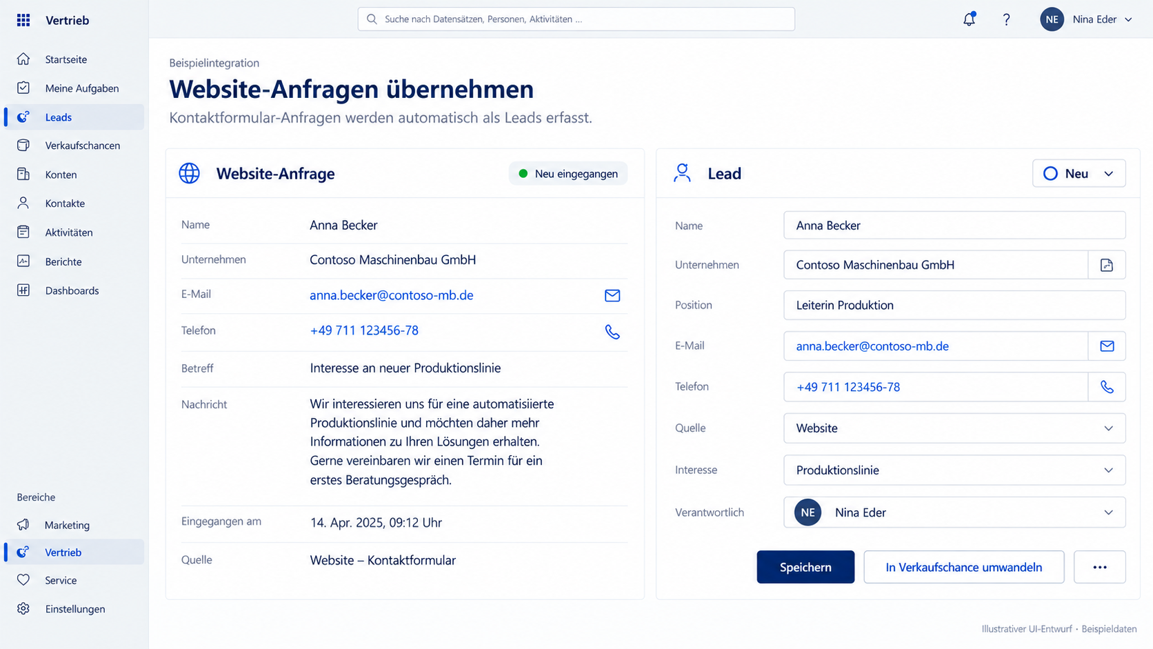 Beispielansicht einer Website-Anfrage und des zugehörigen Leads in Dynamics 365 Sales