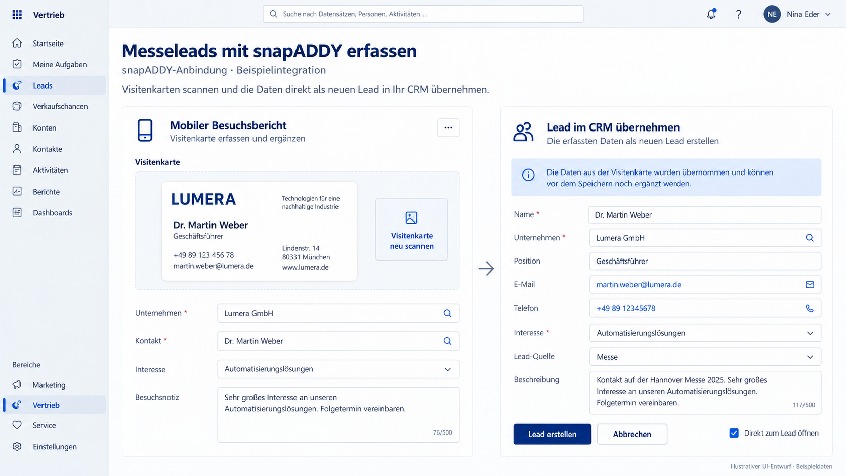 Beispiel einer snapADDY-Anbindung zur Übernahme von Messeleads in Dynamics 365 Sales