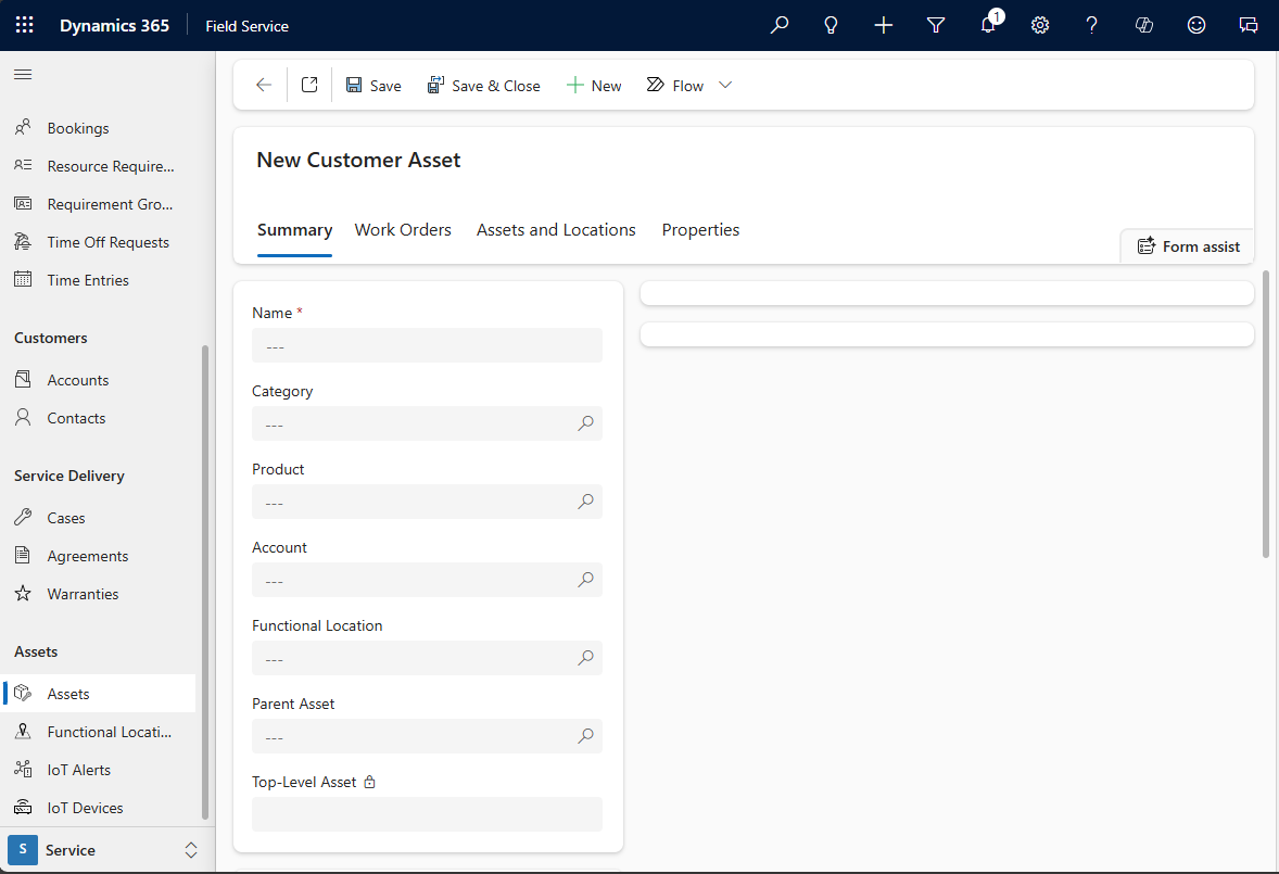Formular Neue Kundenanlage in Microsoft Dynamics 365 Field Service.