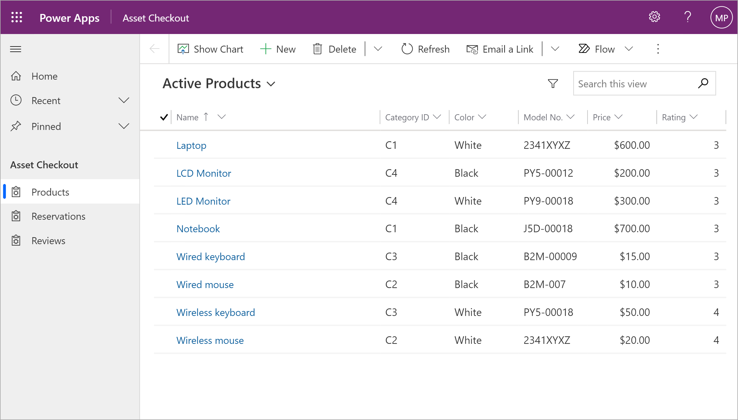 Power-Apps-Beispiel Asset Checkout mit Liste aktiver Produkte und Navigation für Reservierungen.