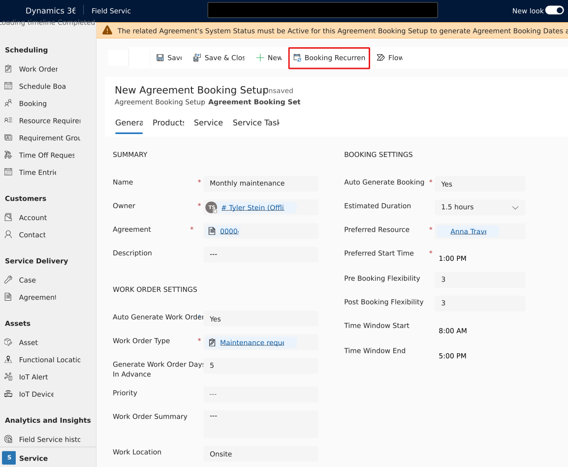 Vereinbarungsbuchung in Dynamics 365 Field Service mit hervorgehobener Buchungswiederholung.