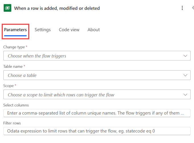 Dataverse-Trigger in Power Automate mit Tabelle, Geltungsbereich und Filterfeldern