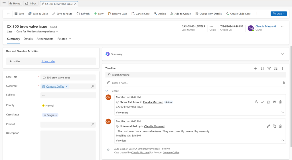 Dynamics 365 Customer Service: Servicefall in der Multisession-Oberfläche