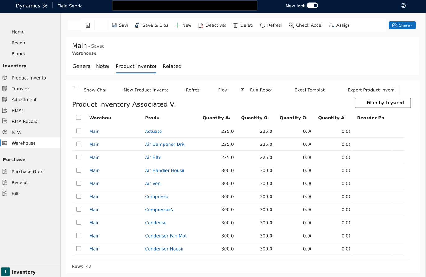 Produktbestandsansicht eines Hauptlagers in Dynamics 365 Field Service.