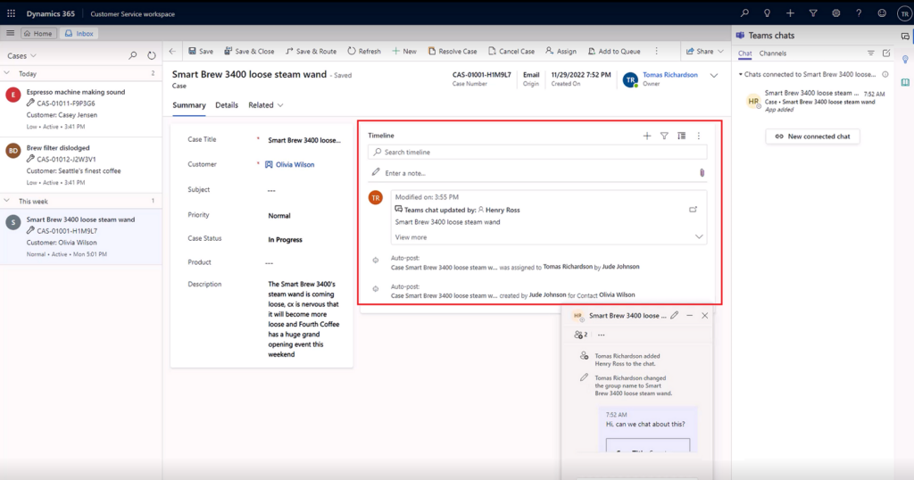 Dynamics 365 Customer Service: Teams-Chat-Verknüpfung in der Timeline