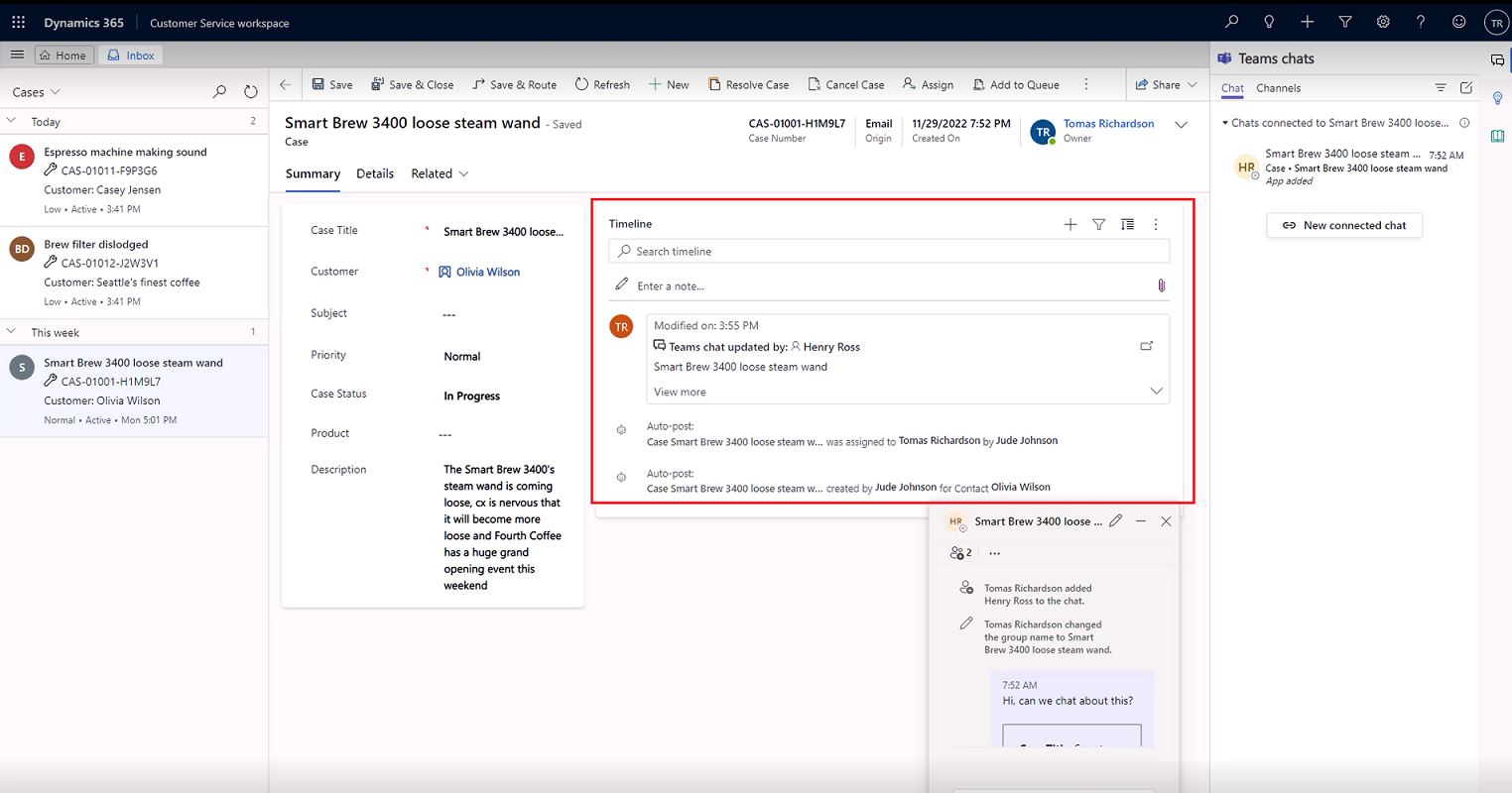 Dynamics 365 Customer Service: Teams-Chat-Verknüpfung in der Timeline