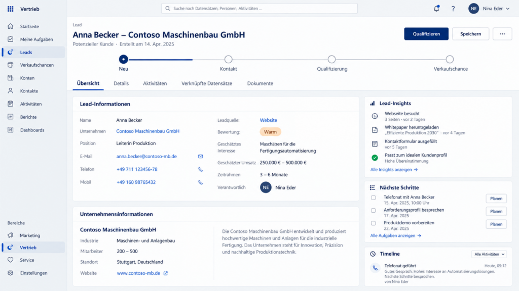 Lead-Ansicht mit Kontaktdaten, Bedarf und Qualifizierung in Dynamics 365 Sales