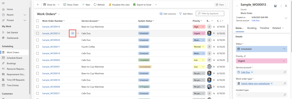 Dynamics 365 Field Service Arbeitsauftragsliste mit geöffnetem Seitenbereich für Auftragsdetails.