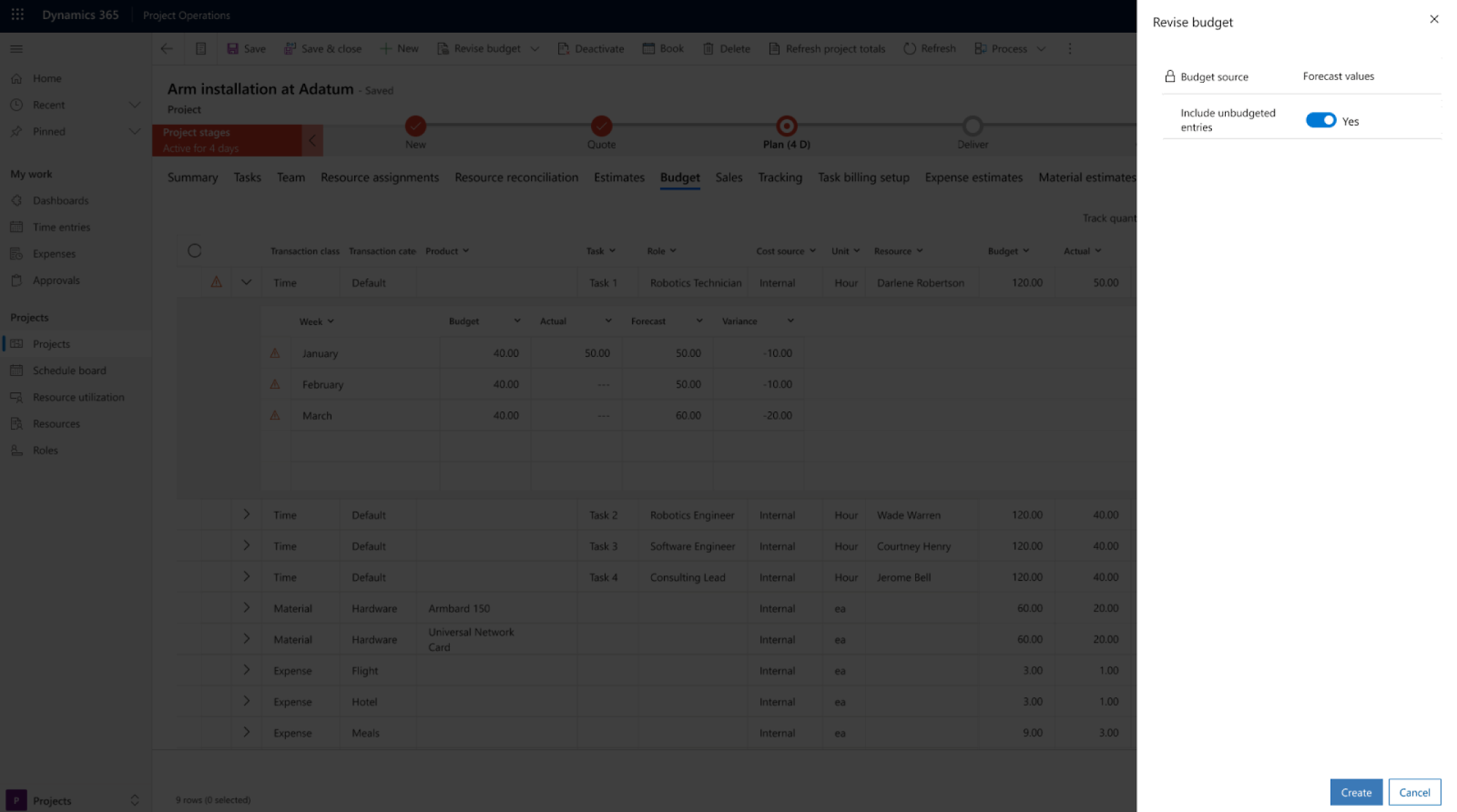 Project Operations: Dialog zur Überarbeitung eines Projektbudgets.