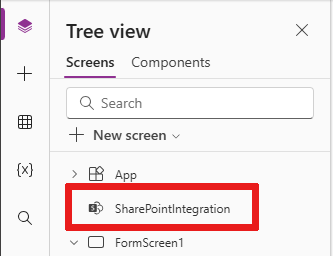 Power Apps Studio mit markiertem SharePointIntegration-Element in der Baumansicht.