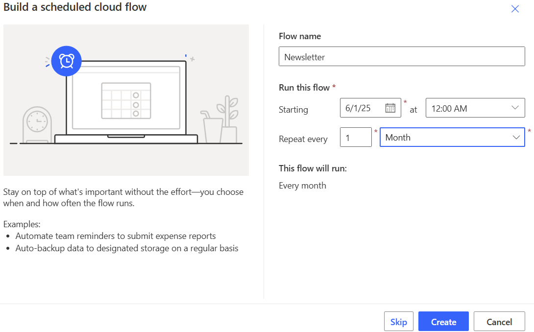Power-Automate-Dialog für einen geplanten Cloud-Flow mit Zeitplan