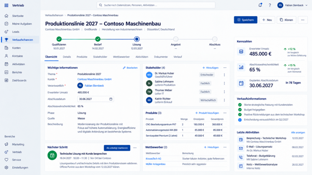 Verkaufschance mit Vertriebsphase, Umsatzpotenzial und nächsten Schritten in Dynamics 365 Sales