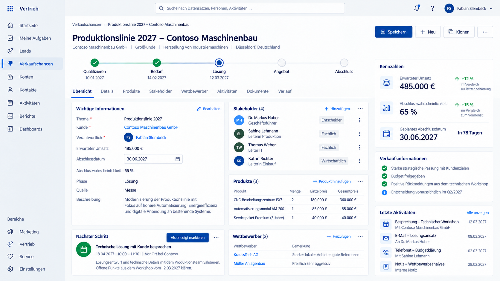 Verkaufschance mit Vertriebsphase, Umsatzpotenzial und nächsten Schritten in Dynamics 365 Sales