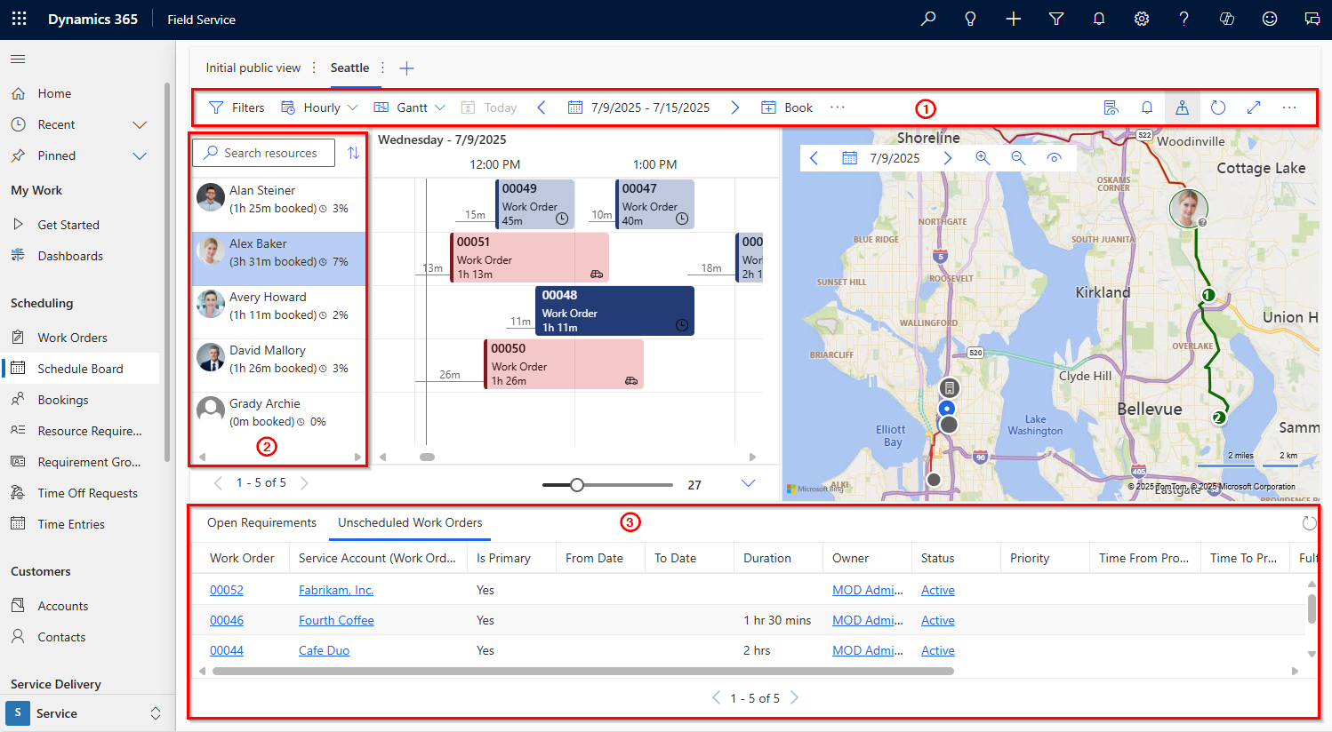 Schedule Board in Dynamics 365 Field Service mit Ressourcenliste und offenen Anforderungen.