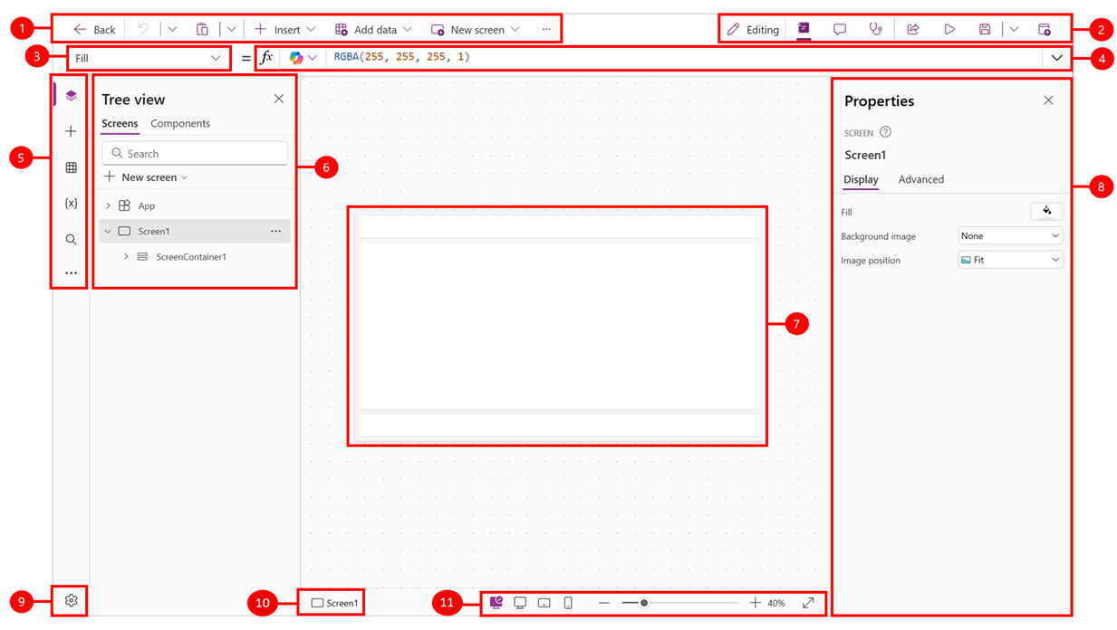 Power Apps Studio mit Befehlsleiste, Formelbereich, Baumansicht, Arbeitsfläche und Eigenschaften.