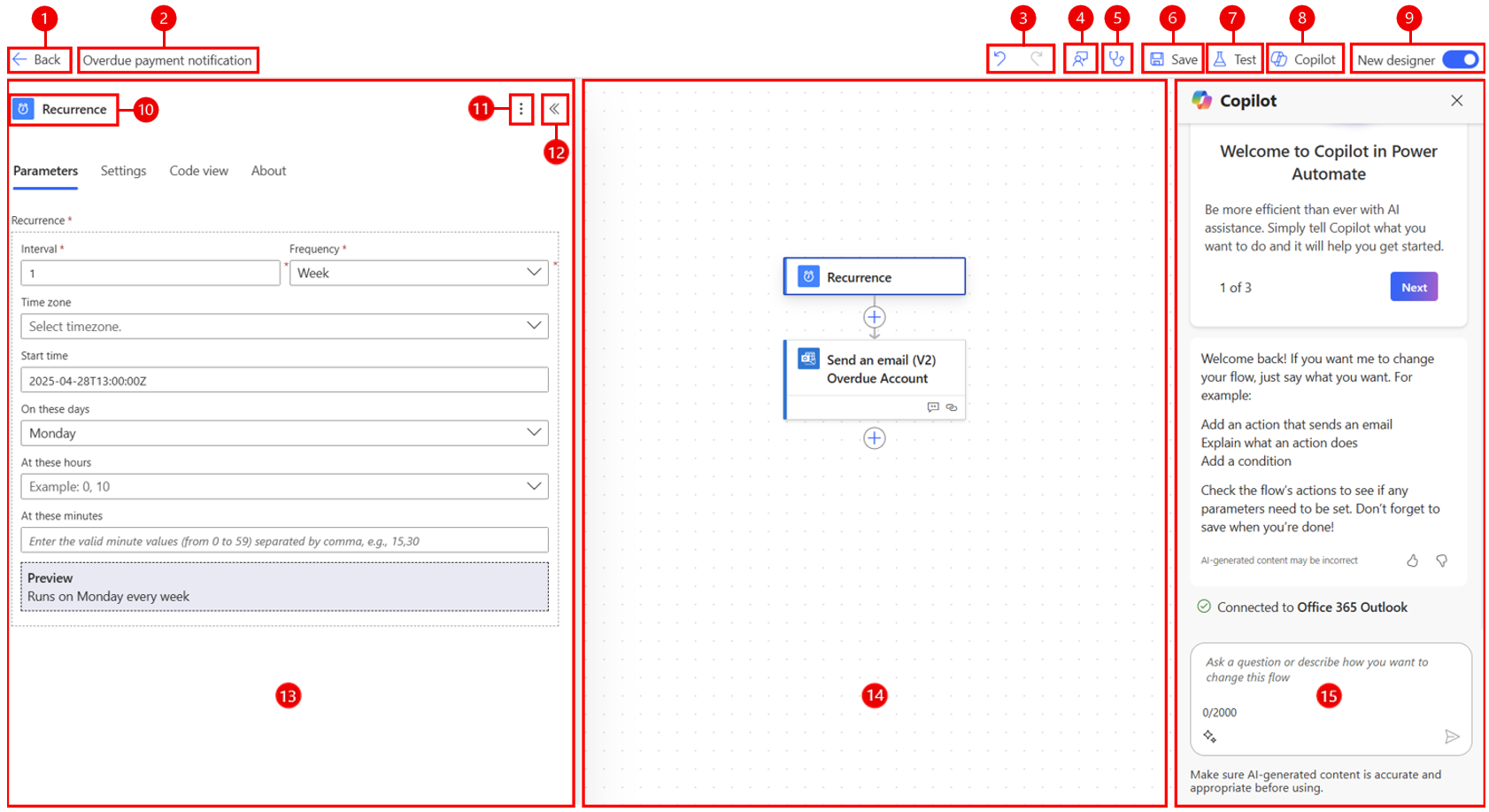 Power-Automate-Cloud-Designer mit Parametern, grafischem Ablauf und Copilot