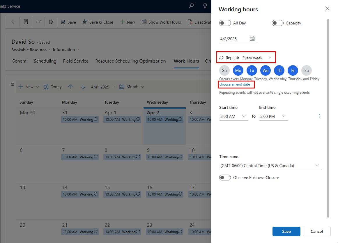 Arbeitszeitkonfiguration einer buchbaren Ressource in Dynamics 365 Field Service.