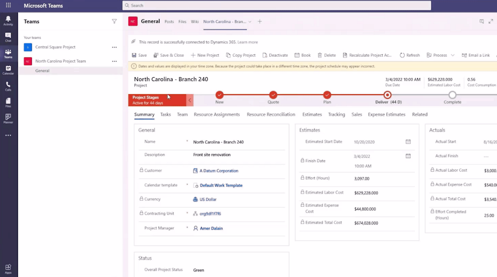 Microsoft Teams mit eingebettetem Project-Operations-Projektbereich.