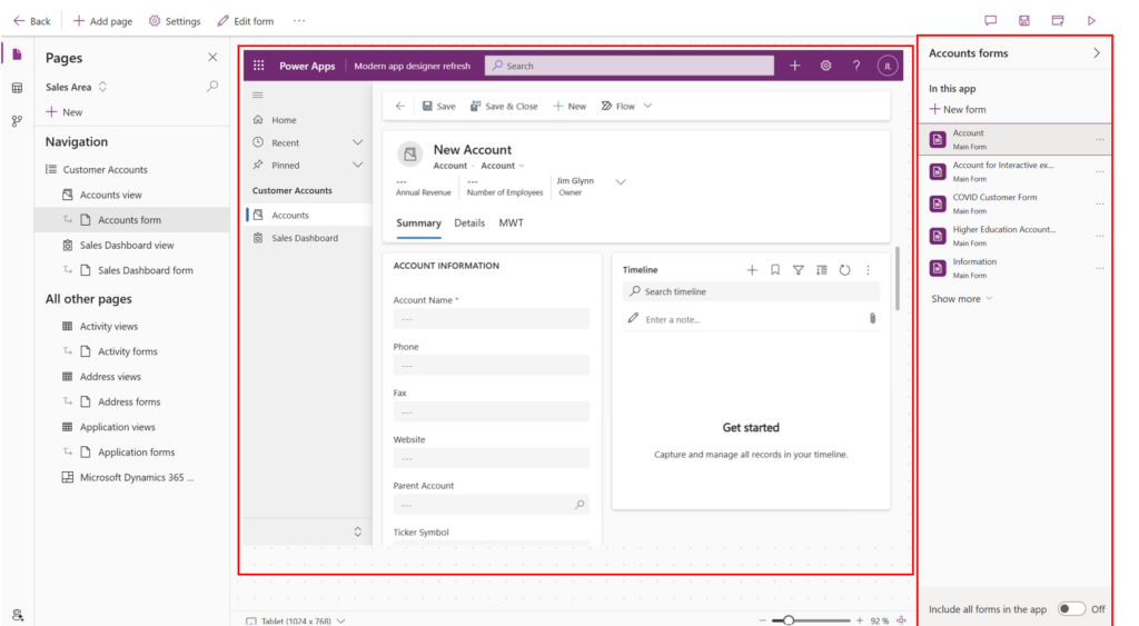 Power Apps App-Designer mit Seitennavigation und Formularvorschau für einen neuen Firmendatensatz.