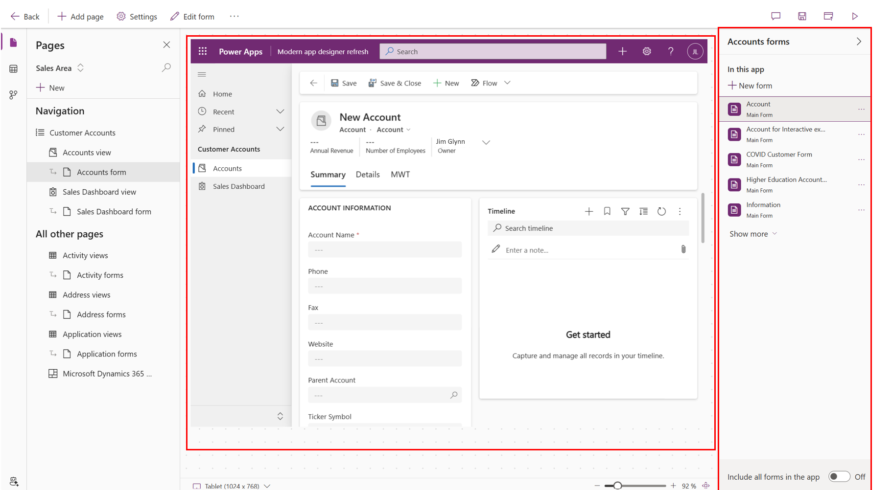 Power Apps App-Designer mit Seitennavigation und Formularvorschau für einen neuen Firmendatensatz.