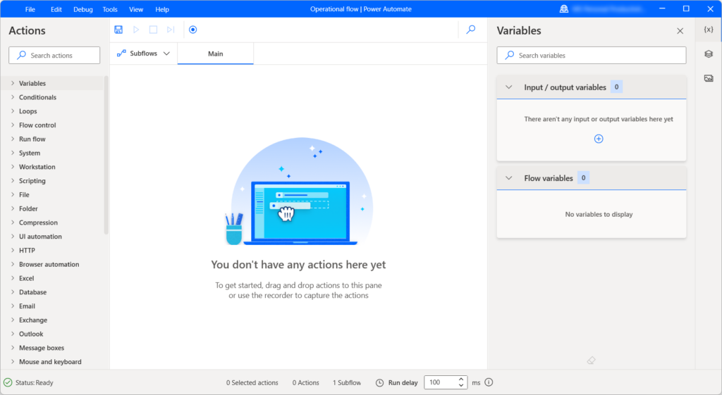 Power Automate for desktop mit Aktionsbibliothek, leerem Ablauf und Variablen