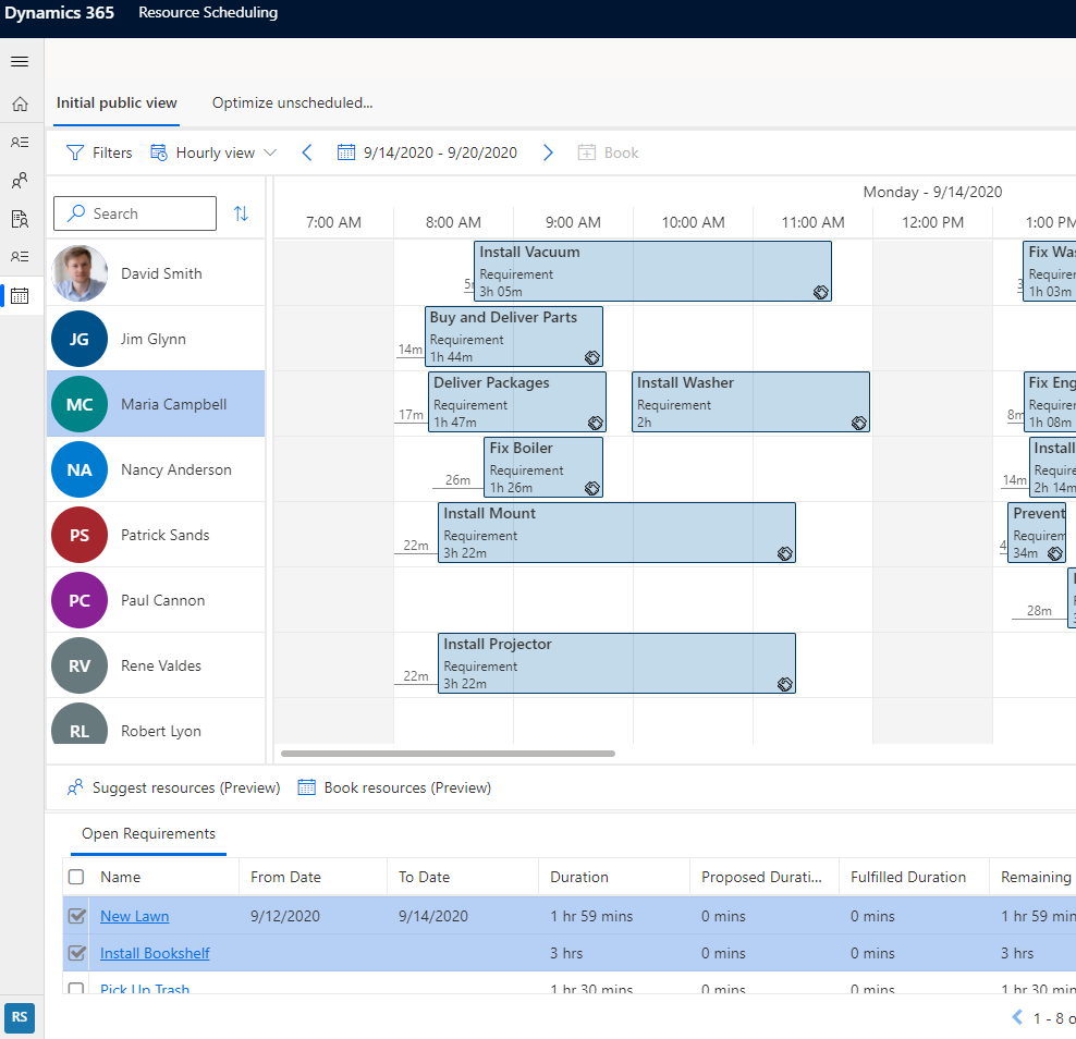 Option Suggest resources auf der Dynamics 365 Field Service Plantafel.