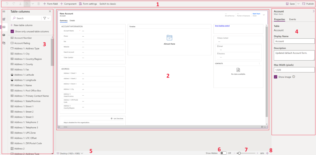 Power-Apps-Formulardesigner mit Spaltenliste, Firmenformular und Eigenschaftenbereich.