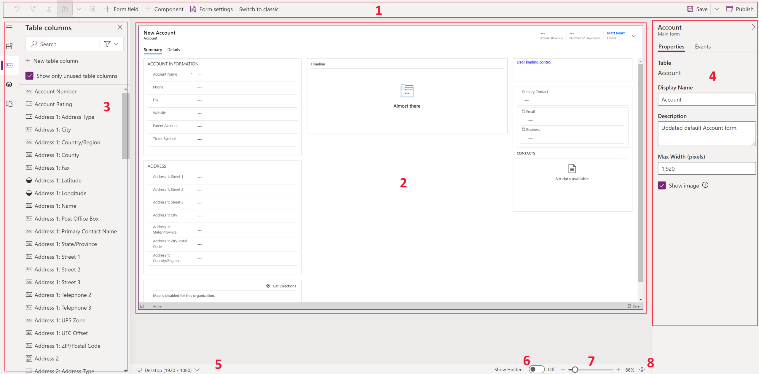 Power-Apps-Formulardesigner mit Spaltenliste, Firmenformular und Eigenschaftenbereich.