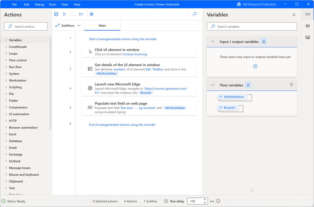 Aufgezeichnete Bedienaktionen in einem Power-Automate-Desktop-Flow