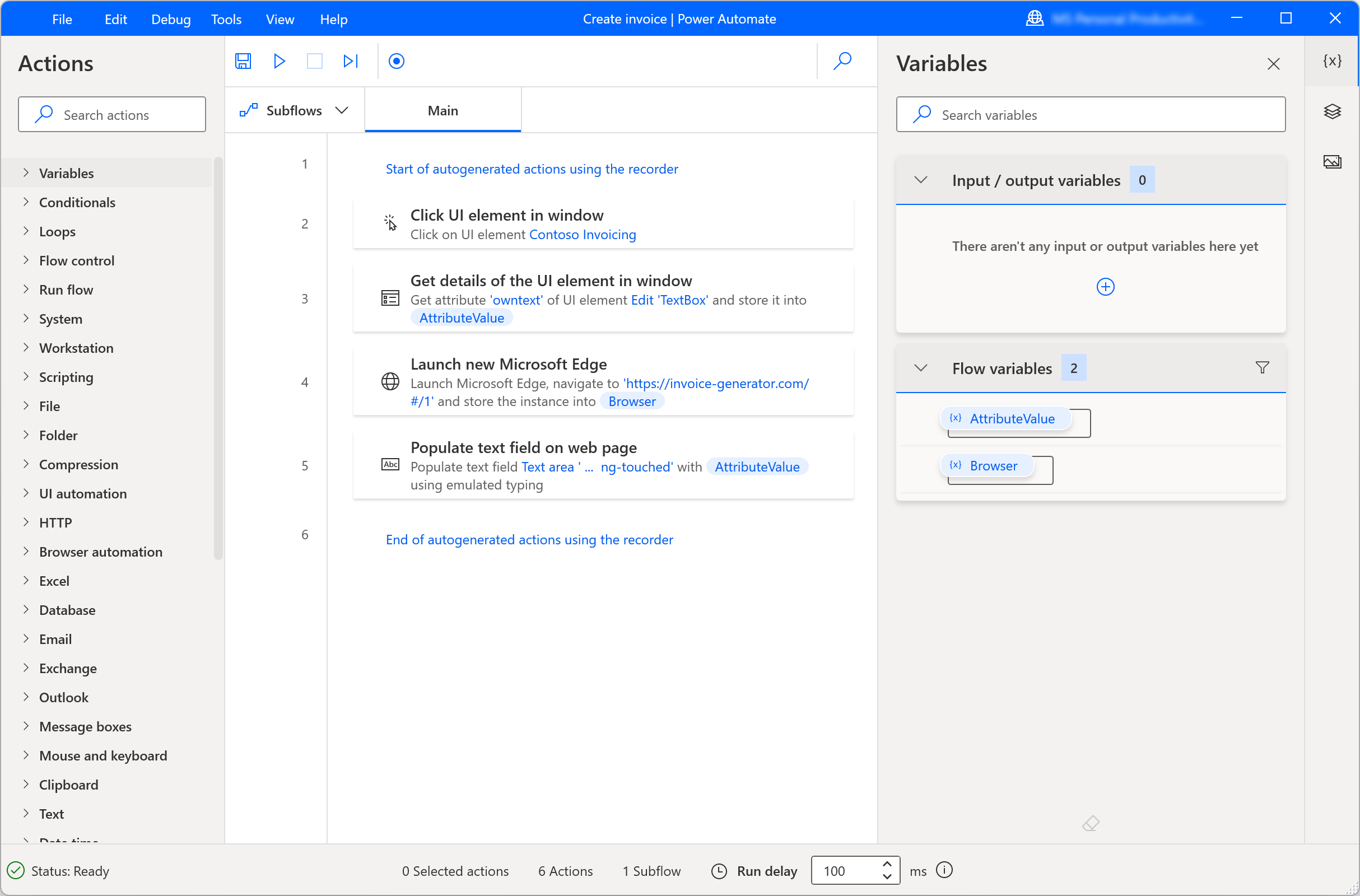 Aufgezeichnete Bedienaktionen in einem Power-Automate-Desktop-Flow