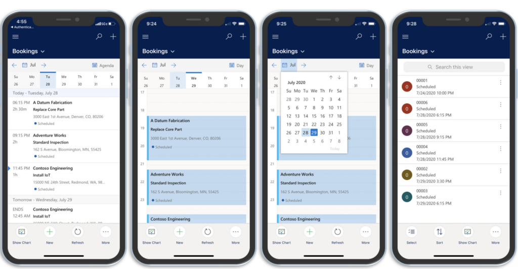 Vier Ansichten der Buchungen in der Dynamics 365 Field Service Mobile App.
