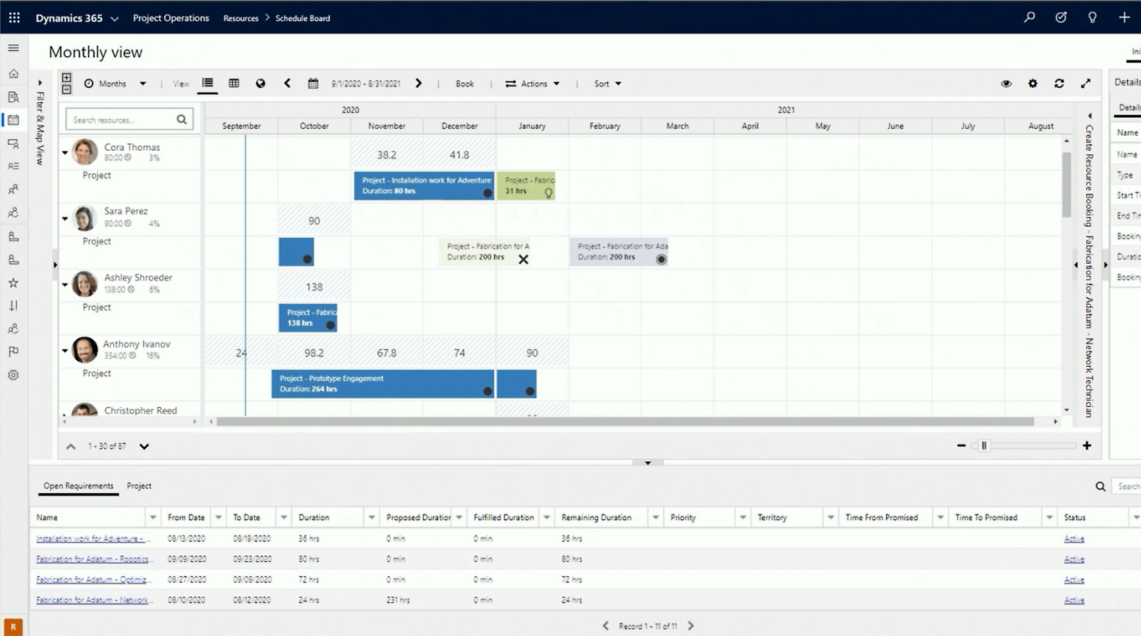 Project Operations: monatliche Ressourcenplantafel und Detailtabelle.