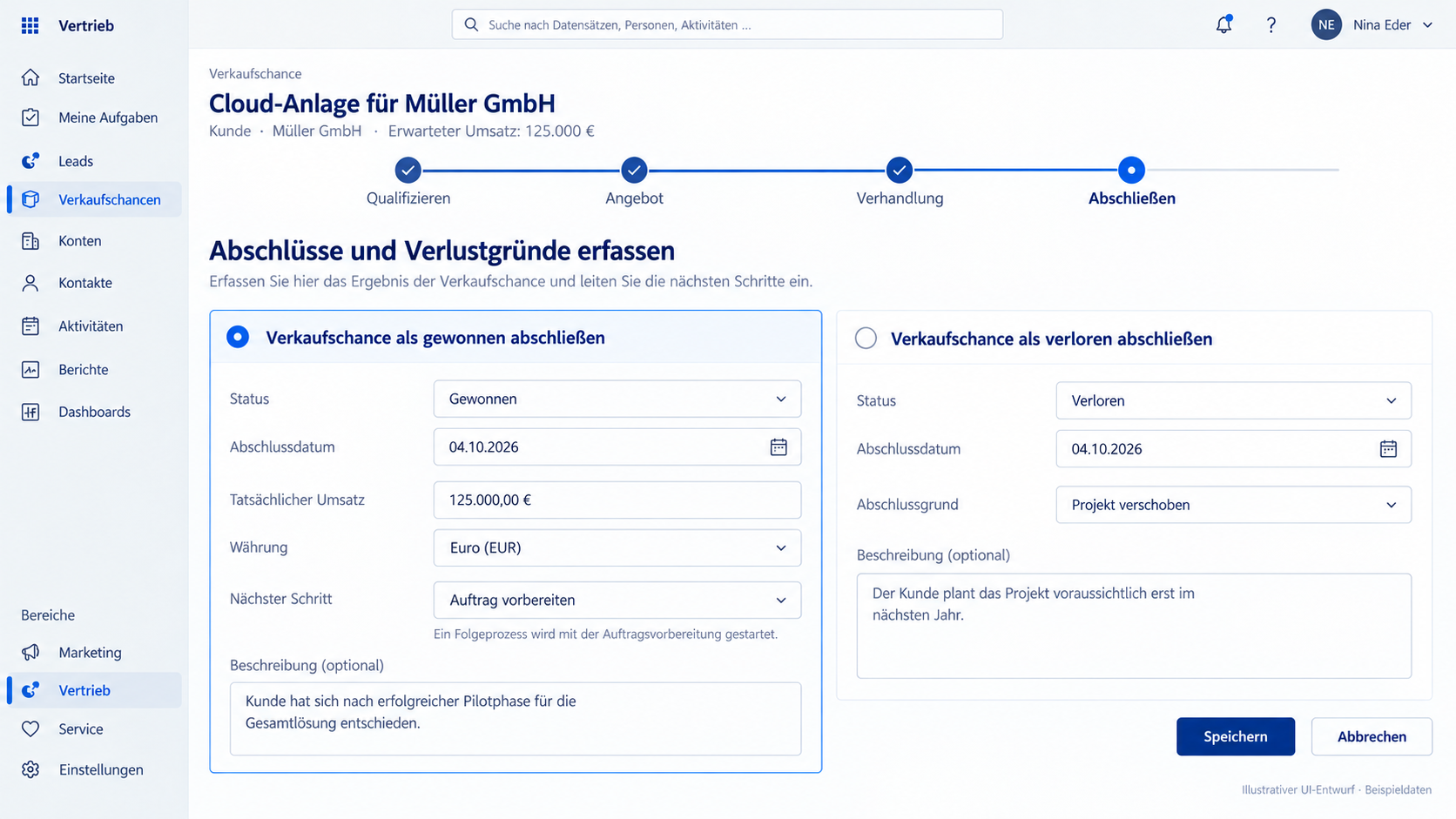 Illustrative Ansicht zum Erfassen von Verkaufsabschluss und Verlustgrund in Dynamics 365 Sales
