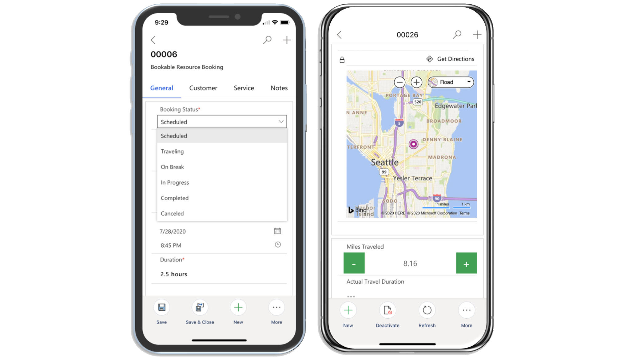Field Service Mobile App mit Buchungsstatus und Kartendarstellung eines Einsatzorts.