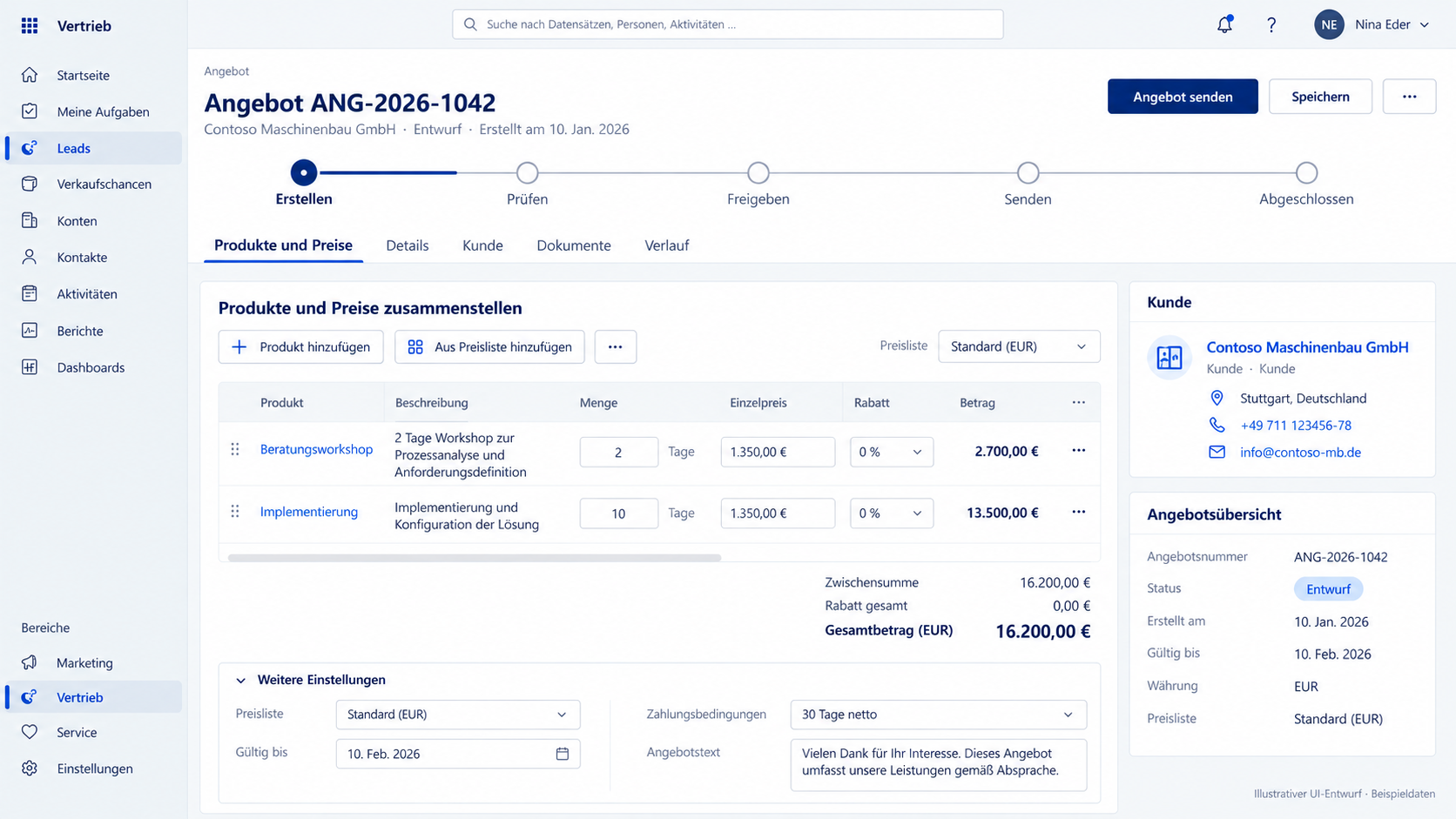 Angebotspositionen mit Produkten, Mengen und Preisen in Dynamics 365 Sales