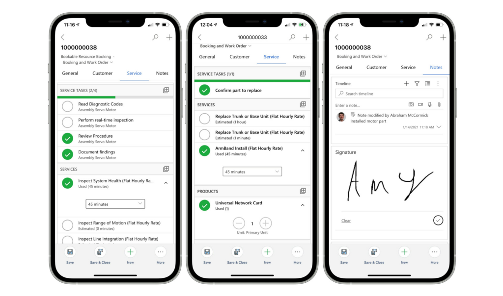 Serviceaufgaben, Materialverbrauch und Notizen in Dynamics 365 Field Service Mobile.