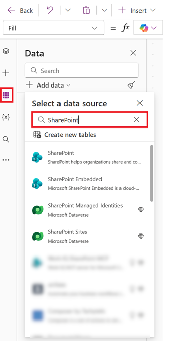 Datenbereich in Power Apps Studio mit Suche nach SharePoint-Verbindungen.