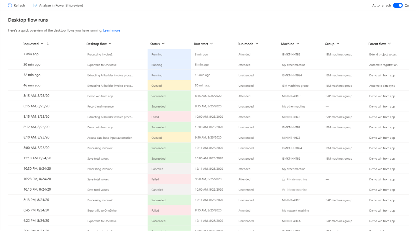 Power-Automate-Übersicht der Desktop-Flow-Ausführungen mit Status und Laufzeit
