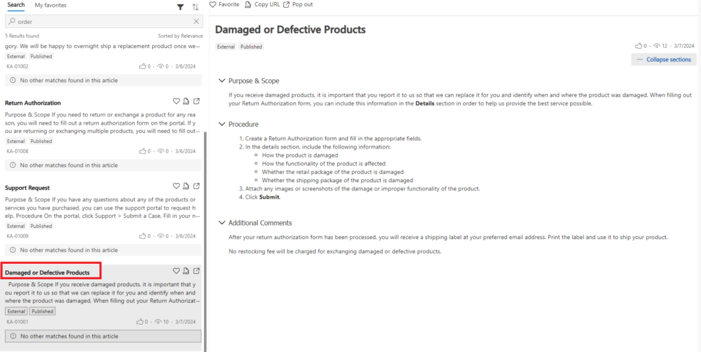 Dynamics 365 Customer Service: Wissensartikel in der integrierten Artikelansicht