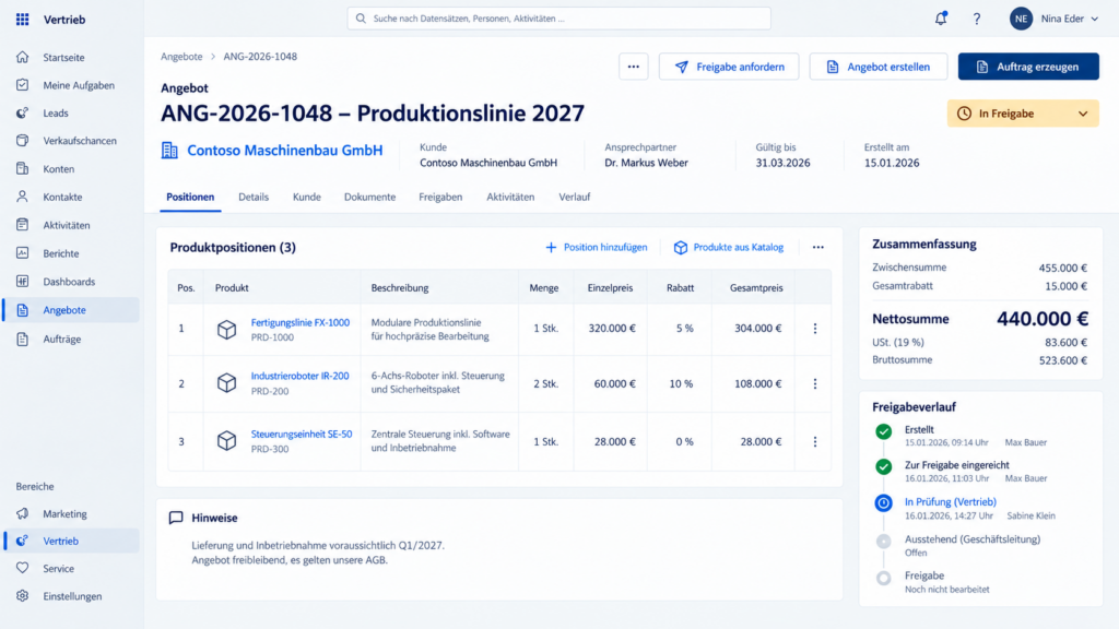 Beispielangebot mit Positionen und Bearbeitungsstatus in Dynamics 365 Sales