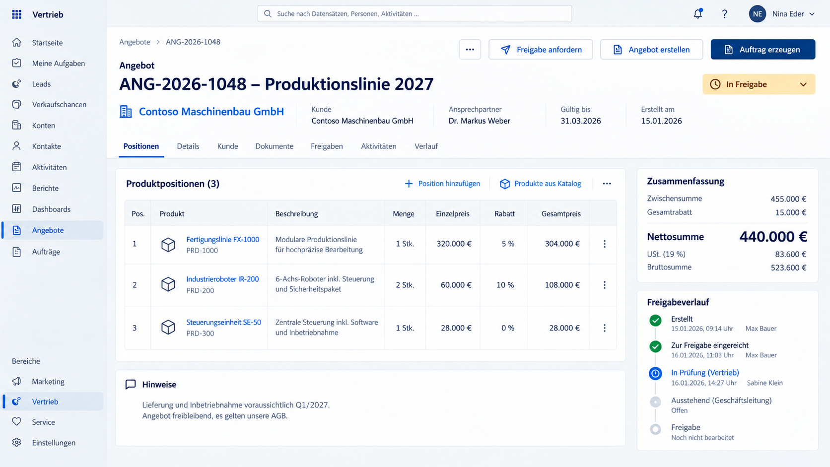 Beispielangebot mit Positionen und Bearbeitungsstatus in Dynamics 365 Sales
