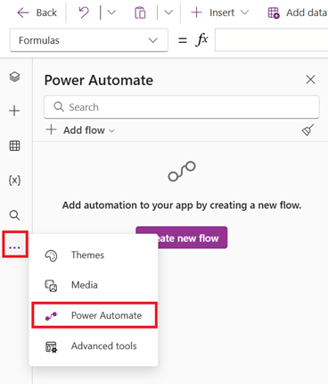 Power Apps Studio mit geöffnetem Power-Automate-Bereich und Option zur Erstellung eines Flows.