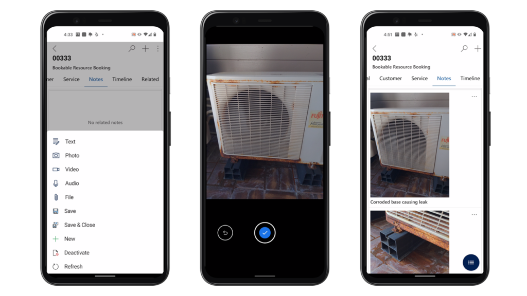 Fotodokumentation über Notizen und Gerätekamera in der Field Service Mobile App.