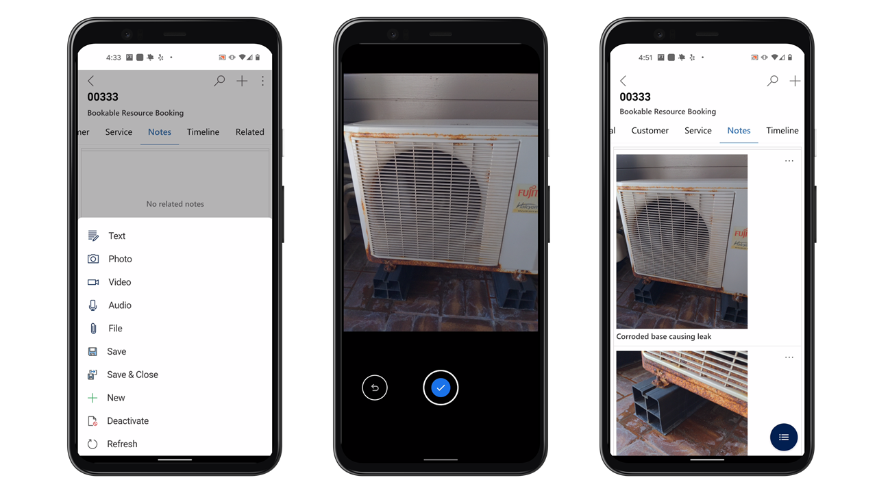 Fotodokumentation über Notizen und Gerätekamera in der Field Service Mobile App.