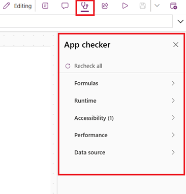 App Checker mit Bereichen für Formeln, Laufzeit, Barrierefreiheit, Leistung und Datenquelle.