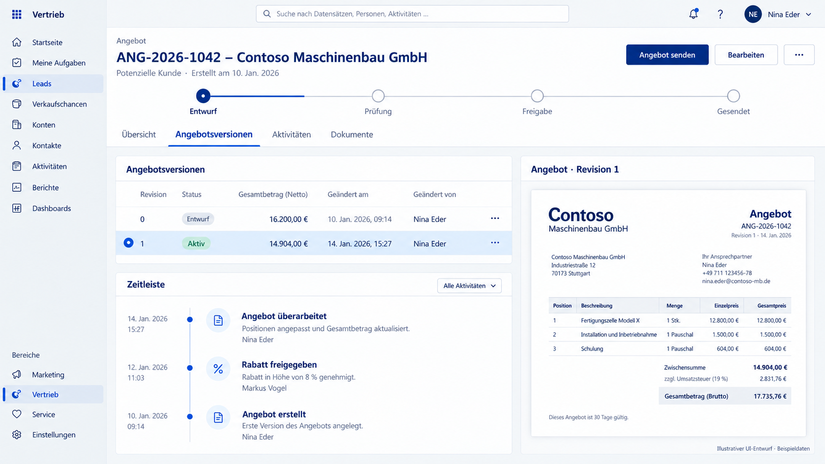 Illustrative Übersicht über Angebotsrevisionen in Dynamics 365 Sales