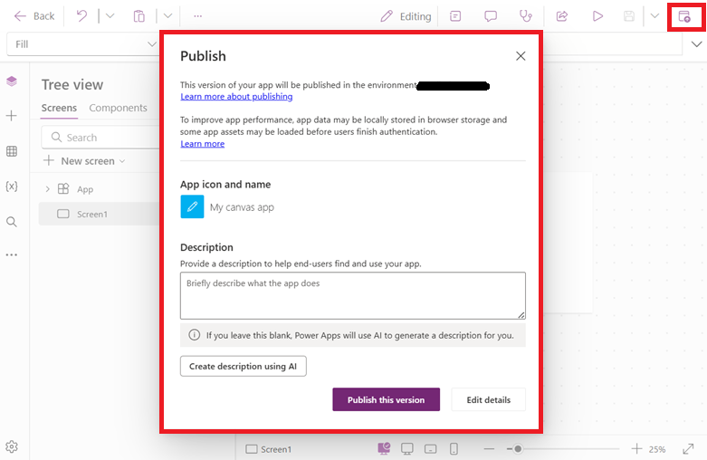 Power-Apps-Dialog zum Veröffentlichen einer App-Version mit Name und Beschreibung.