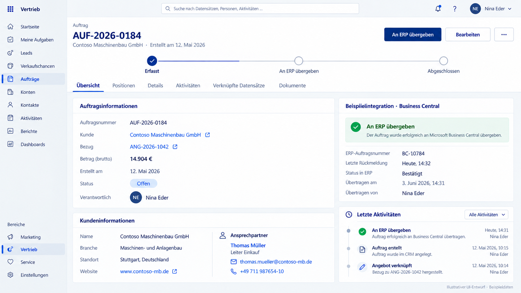 Beispiel einer Auftragsübergabe von Dynamics 365 Sales an Business Central