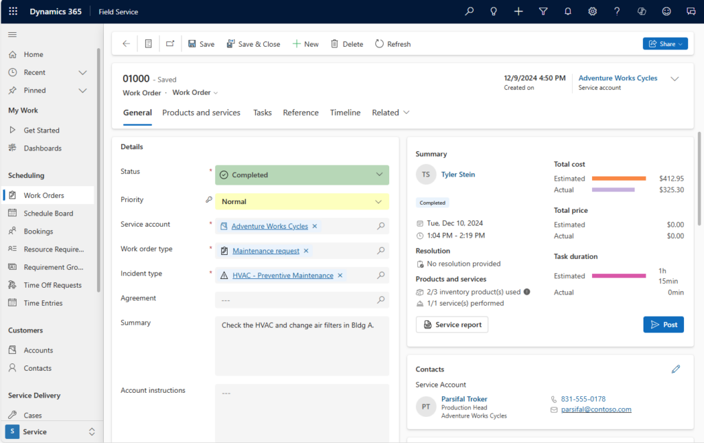 Abgeschlossener Arbeitsauftrag in einer Microsoft-Beispielansicht von Dynamics 365 Field Service.