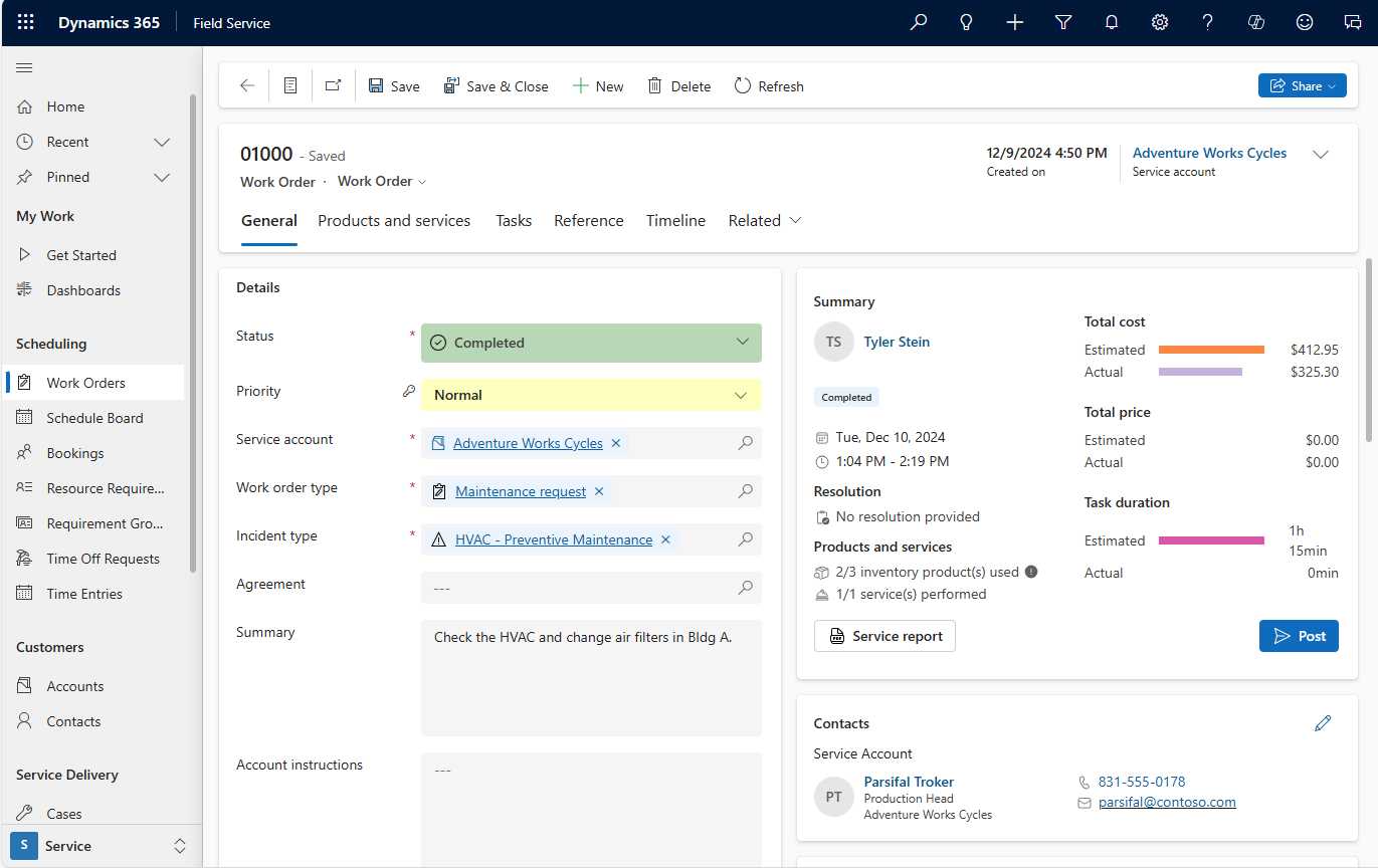 Abgeschlossener Arbeitsauftrag in einer Microsoft-Beispielansicht von Dynamics 365 Field Service.